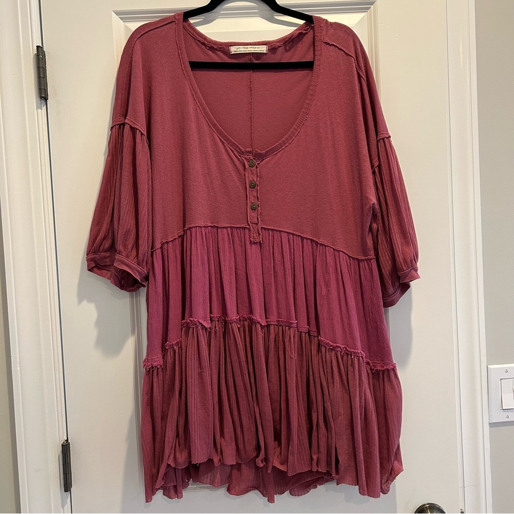 Free People Skye Tunic Puff Balloon Sleeve Pink Purple Berry Daphne Top Shirt
